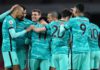 Mohamed Salah of Liverpool celebrates with Fabinho, Ozan Kabak, James Milner, Thiago Alcantara and teammates after scoring their team's second goal during the Premier League match between Arsenal and Liverpool at Emirates Stadium on April 03, 2021 in London Image credit: Getty Images
