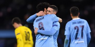 Manchester City's English midfielder Phil Foden (2R) celebrates scoring his team's second goal with Manchester City's German midfielder Ilkay Gundogan during the UEFA Champions League first leg quarter-final football match between Manchester City and Borussia Dortmund. Image credit: Getty Images
