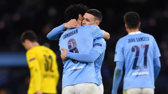 Manchester City's English midfielder Phil Foden (2R) celebrates scoring his team's second goal with Manchester City's German midfielder Ilkay Gundogan during the UEFA Champions League first leg quarter-final football match between Manchester City and Borussia Dortmund. Image credit: Getty Images