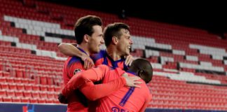 Ben Chilwell of Chelsea Celebrates 0-2 with Cesar Azpilicueta of Chelsea, NGolo Kante of Chelsea during the UEFA Champions League match between FC Porto v Chelsea at the Ramon Sanchez Pizjuan Stadium on April 7, 2021 in Seville Spain Image credit: Getty Images