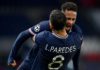 Neymar of Paris Saint-Germain and teammate Leandro Paredes celebrate their team's victory at full-time after the UEFA Champions League Quarter Final Second Leg match between Paris Saint-Germain and FC Bayern Munich at Parc des Princes on April 13, 2021 Image credit: Getty Images