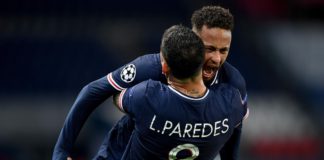 Neymar of Paris Saint-Germain and teammate Leandro Paredes celebrate their team's victory at full-time after the UEFA Champions League Quarter Final Second Leg match between Paris Saint-Germain and FC Bayern Munich at Parc des Princes on April 13, 2021 Image credit: Getty Images