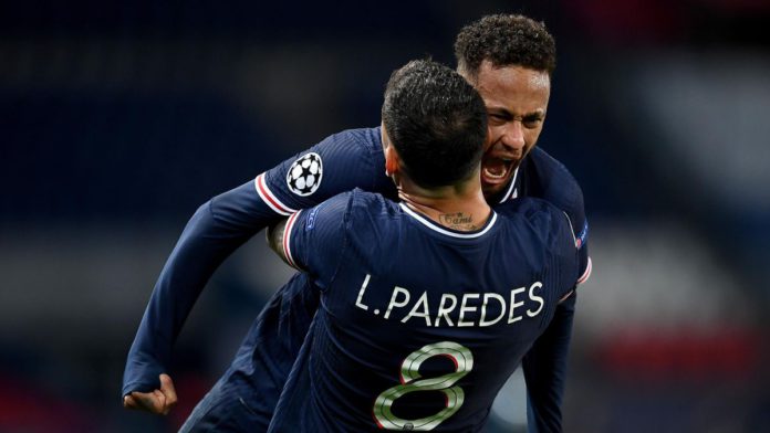 Neymar of Paris Saint-Germain and teammate Leandro Paredes celebrate their team's victory at full-time after the UEFA Champions League Quarter Final Second Leg match between Paris Saint-Germain and FC Bayern Munich at Parc des Princes on April 13, 2021 Image credit: Getty Images