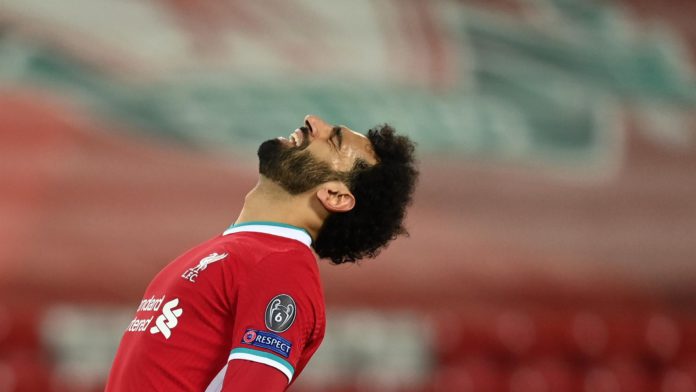 Mohamed Salah of Liverpool reacts during the UEFA Champions League Quarter Final Second Leg match between Liverpool FC and Real Madrid at Anfield on April 14, 2021 in Liverpool, England. Image credit: Getty Images