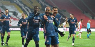 Alex Lacazette celebrates scoring the 2nd Arsenal goal with (L) Nicolas Pepe and (R) Dani Ceballos during the UEFA Europa League Quarter Final Second Leg match between Slavia Praha and Arsenal at Sinobo Stadium Image credit: Getty Images