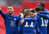 Hakim Ziyech of Chelsea celebrates with teammates after scoring their team's first goal during the Semi Final of the Emirates FA Cup match between Manchester City and Chelsea FC at Wembley Stadium on April 17, 2021 in London, England Image credit: Getty Images