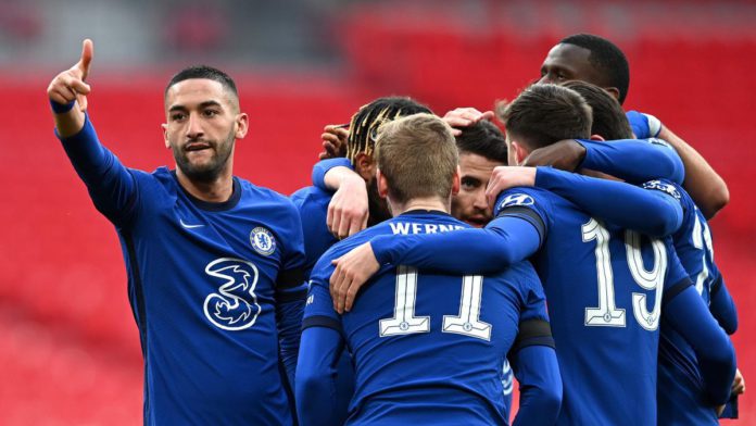 Hakim Ziyech of Chelsea celebrates with teammates after scoring their team's first goal during the Semi Final of the Emirates FA Cup match between Manchester City and Chelsea FC at Wembley Stadium on April 17, 2021 in London, England Image credit: Getty Images