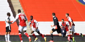 Eddie Nketiah of Arsenal celebrates after scoring his team's first goal during the Premier League match between Arsenal and Fulham at Emirates Stadium Image credit: Getty Images