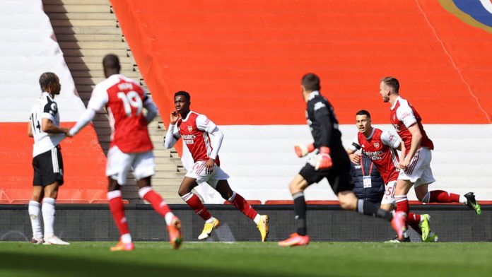 Eddie Nketiah of Arsenal celebrates after scoring his team's first goal during the Premier League match between Arsenal and Fulham at Emirates Stadium Image credit: Getty Images