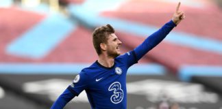 Timo Werner of Chelsea celebrates after scoring their sides first goal during the Premier League match between West Ham United and Chelsea at London Stadium on April 24, 2021 in London, Image credit: Getty Images