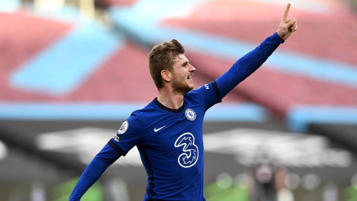 Timo Werner of Chelsea celebrates after scoring their sides first goal during the Premier League match between West Ham United and Chelsea at London Stadium on April 24, 2021 in London, Image credit: Getty Images