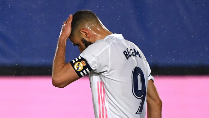 Real Madrid's French forward Karim Benzema gestures during the Spanish League football match between Real Madrid CF and Real Betis at the Alfredo di Stefano stadium in Valdebebas, on the outskirts of Madrid, on April 24, 2021. Image credit: Getty Images