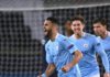 Manchester City's Algerian midfielder Riyad Mahrez celebrates after scoring a goal during the UEFA Champions League first leg semi-final football match between Paris Saint-Germain (PSG) and Manchester City at the Parc des Princes stadium in Paris Image credit: Getty Images