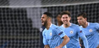 Manchester City's Algerian midfielder Riyad Mahrez celebrates after scoring a goal during the UEFA Champions League first leg semi-final football match between Paris Saint-Germain (PSG) and Manchester City at the Parc des Princes stadium in Paris Image credit: Getty Images