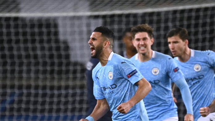 Manchester City's Algerian midfielder Riyad Mahrez celebrates after scoring a goal during the UEFA Champions League first leg semi-final football match between Paris Saint-Germain (PSG) and Manchester City at the Parc des Princes stadium in Paris Image credit: Getty Images