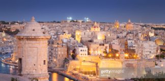 Night view of Valletta, Malta.