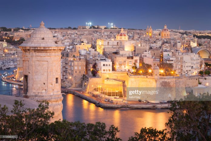 Night view of Valletta, Malta.