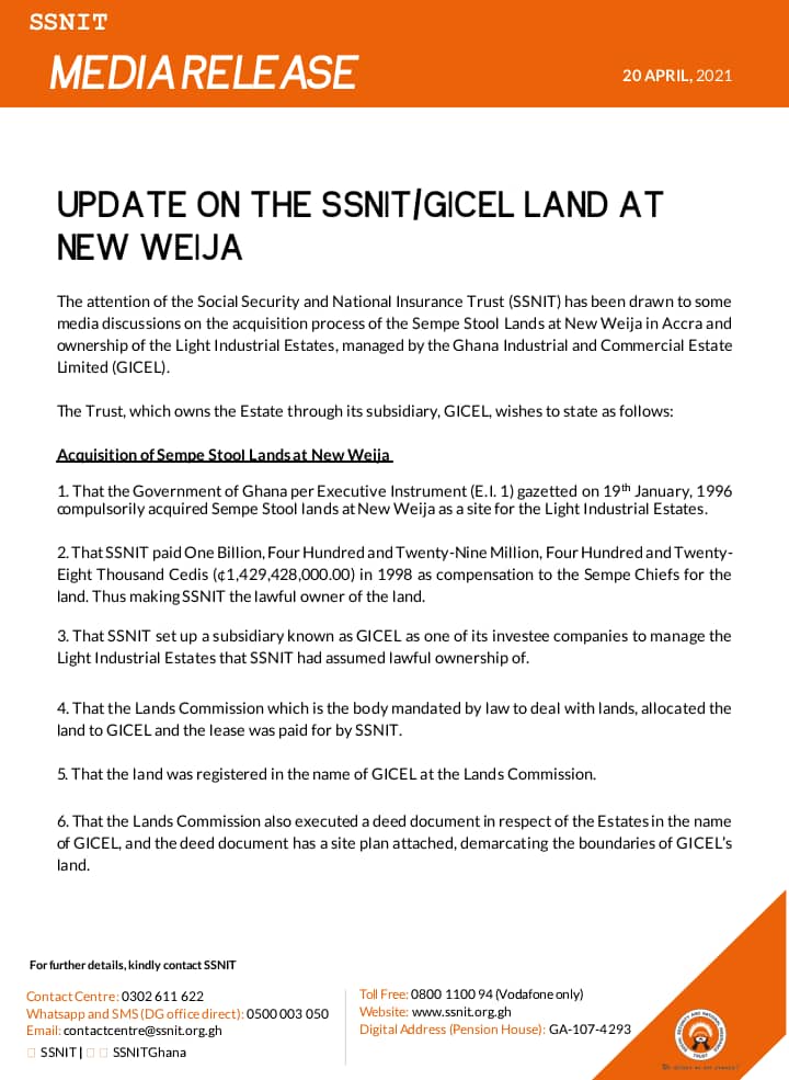 SSNIT sets records straight on Weija lands ownership