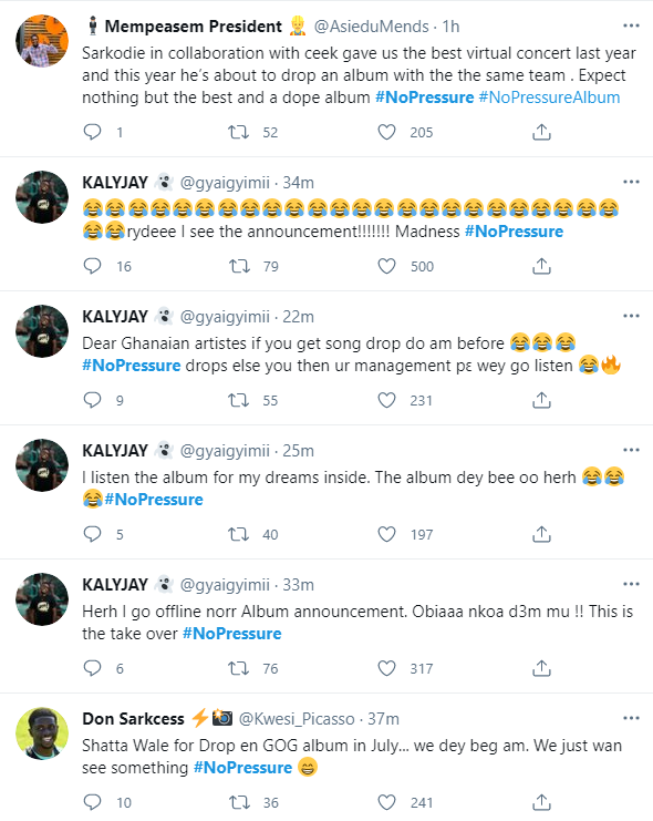 Fans of Sarkodie react to news of his upcoming album 'No Pressure' on Twitter