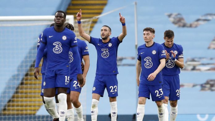 Hakim Ziyech of Chelsea celebrates after scoring their side's first goal during the Premier League match between Manchester City and Chelsea at Etihad Stadium Image credit: Getty Images