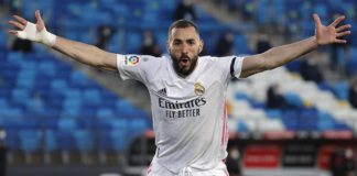 Karim Benzema of Real Madrid celebrates after scoring a goal as referee disallow the goal during La Liga match between Real Madrid and Sevilla at Alfredo Di Stefano Stadium Image credit: Getty Images