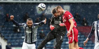 Goalkeeper Alisson Becker of Liverpool scores a goal to make it 1-2 during the Premier League match between West Bromwich Albion and Liverpool at The Hawthorns on May 16, 2021 in West Bromwich, United Kingdom. Image credit: Getty Images