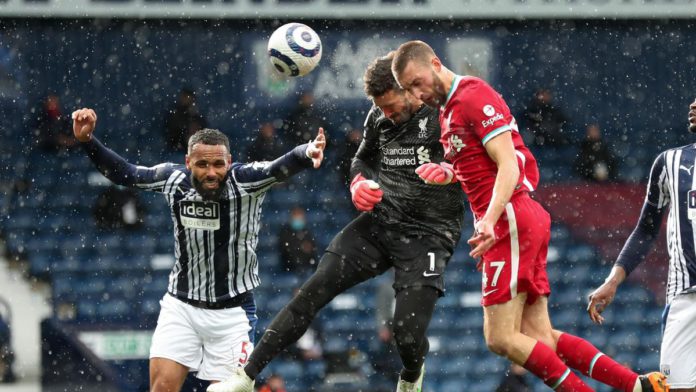 Goalkeeper Alisson Becker of Liverpool scores a goal to make it 1-2 during the Premier League match between West Bromwich Albion and Liverpool at The Hawthorns on May 16, 2021 in West Bromwich, United Kingdom. Image credit: Getty Images