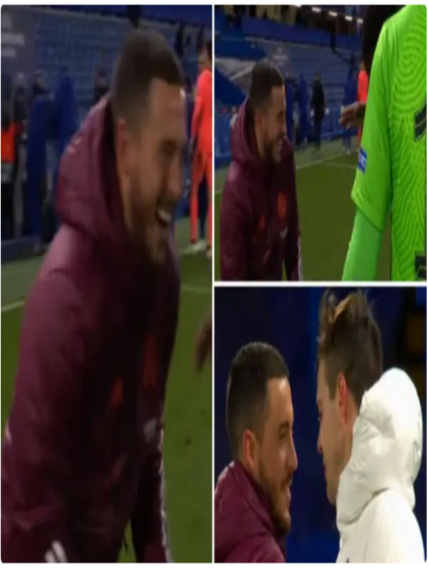 Eden Hazard laughing with ex-Chelsea players