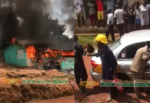 Fire service personnel arrive in taxi to douse flames at Akyem Begoro