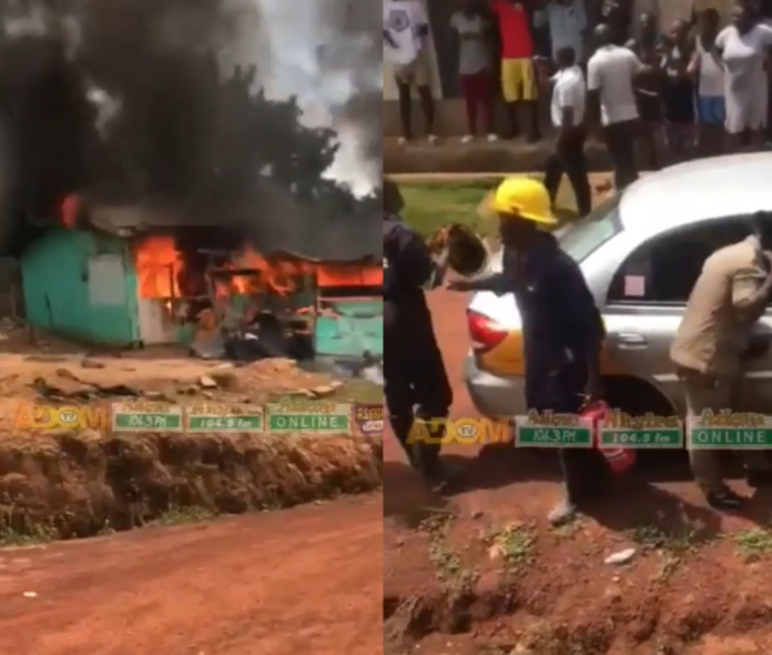 Fire service personnel arrive in taxi to douse flames at Akyem Begoro