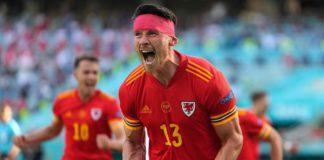 Wales' midfielder Kieffer Moore celebrates after scoring the equaliser during the UEFA EURO 2020 Group A football match between Wales and Switzerland at the Olympic Stadium in Baku on June 12, 2021. Image credit: Getty Images