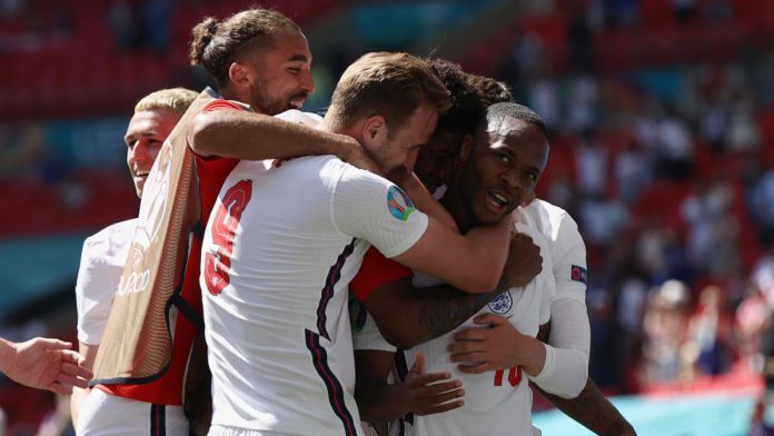 England celebrate Raheem Sterling's goal Image credit: Getty Images