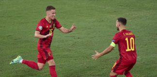 SEVILLE, SPAIN - JUNE 27: Thorgan Hazard of Belgium celebrates after scoring his team's first goal with his teammate Eden Hazard during the UEFA Euro 2020 Championship Round of 16 match between Belgium and Portugal at Estadio La Cartuja on June 27, 2021 i Image credit: Getty Images