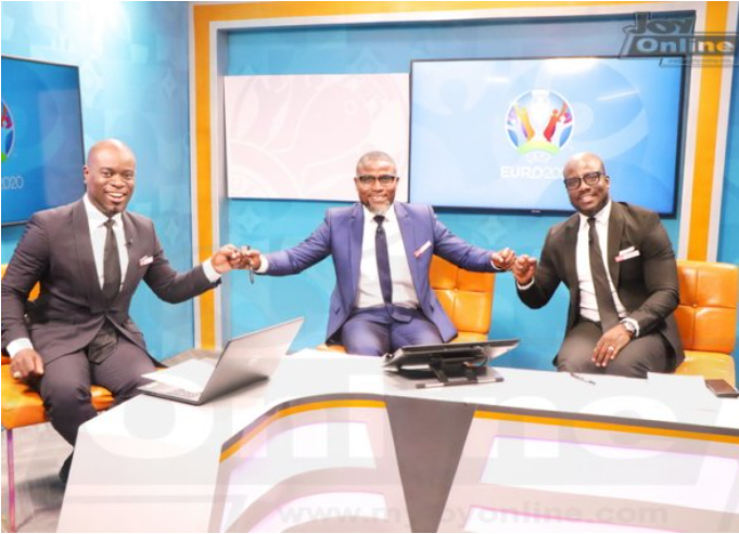 Nathaniel Attoh, Laryea Kingsto and Stephen Appiah in the studios of Joy Prime for the coverage of the Euro 2020