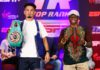 LAS VEGAS, NEVADA - JUNE 17: Adam Lopez (L) and Issac Dogboe (R) posed during their press conference for the NABF featherweight championship at Virgin Hotels Las Vegas on June 17, 2021 in Las Vegas, Nevada. (Photo by Mikey Williams/Top Rank Inc via Getty