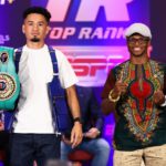 LAS VEGAS, NEVADA - JUNE 17: Adam Lopez (L) and Issac Dogboe (R) posed during their press conference for the NABF featherweight championship at Virgin Hotels Las Vegas on June 17, 2021 in Las Vegas, Nevada. (Photo by Mikey Williams/Top Rank Inc via Getty