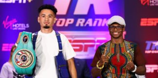 LAS VEGAS, NEVADA - JUNE 17: Adam Lopez (L) and Issac Dogboe (R) posed during their press conference for the NABF featherweight championship at Virgin Hotels Las Vegas on June 17, 2021 in Las Vegas, Nevada. (Photo by Mikey Williams/Top Rank Inc via Getty