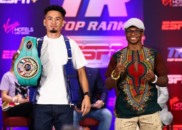 LAS VEGAS, NEVADA - JUNE 17: Adam Lopez (L) and Issac Dogboe (R) posed during their press conference for the NABF featherweight championship at Virgin Hotels Las Vegas on June 17, 2021 in Las Vegas, Nevada. (Photo by Mikey Williams/Top Rank Inc via Getty