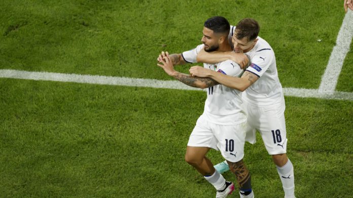 MUNICH, GERMANY - JULY 02: (BILD ZEITUNG OUT) Lorenzo Insigne of Italy celebrates after scoring his team's second goal with Nicolo Barella of Italy during the UEFA Euro 2020 Championship Quarter-final match between Belgium and Italy at Football Arena Muni Image credit: Getty Images