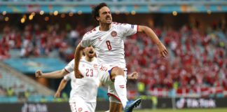 Thomas Delaney of Denmark celebrates after scoring their side's first goal during the UEFA Euro 2020 Championship Quarter-final match between Czech Republic and Denmark at Baku Olimpiya Stadionu on July 03, 2021 in Baku, Azerbaijan. Image credit: Getty Images