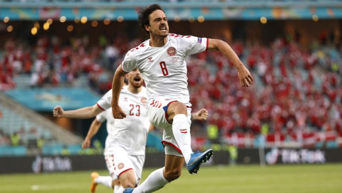 Thomas Delaney of Denmark celebrates after scoring their side's first goal during the UEFA Euro 2020 Championship Quarter-final match between Czech Republic and Denmark at Baku Olimpiya Stadionu on July 03, 2021 in Baku, Azerbaijan. Image credit: Getty Images