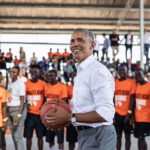 US Barack Obama in action on the basketball court