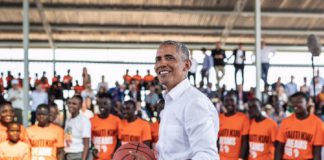 US Barack Obama in action on the basketball court