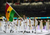 TOKYO, JAPAN - JULY 23: Flag bearers Nadia Eke and Sulemanu Tetteh of Team Ghana lead their team during the Opening Ceremony of the Tokyo 2020 Olympic Games at Olympic Stadium on July 23, 2021 in Tokyo, Japan. (Photo by Matthias Hangst/Getty Images)