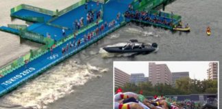 A boat was in the way of athletes as they dived into the water in shocking scenes