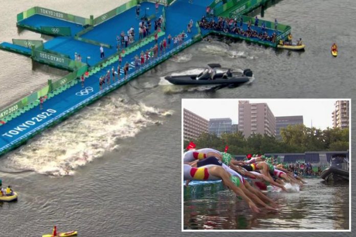 A boat was in the way of athletes as they dived into the water in shocking scenes