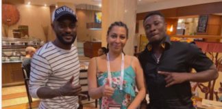 Asamoah Gyan [R] with Mimi Fawaz [M] of BBC