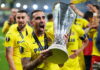 Paco Alcacer of Villarreal celebrates with the trophy after winning the UEFA Europa League final soccer match between Villarreal CF and Manchester United in Gdansk, Poland, 27 May 2021. EPA/Michael Sohn / POOL