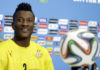 Ghana's Asamoah Gyan attends a news conference before an official training session the day before the group G World Cup soccer match between Ghana and the United States at the Arena das Dunas in Natal, Brazil, Sunday, June 15, 2014. (AP Photo/Dolores Ochoa)