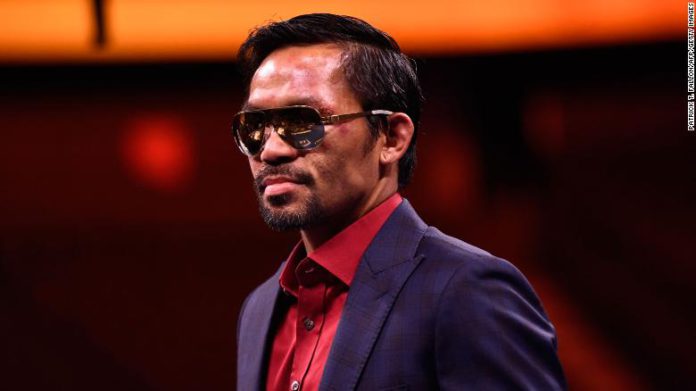 Manny Pacquiao of the Philippines speaks during a press conference after his defeat to Cuba's Yordenis Ugas in the WBA Welterweight Championship boxing match in Las Vegas in August.